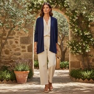 Chico's Navy Blue Lace Embroidered Open Front Cardigan Sweater Size 0 XS/S